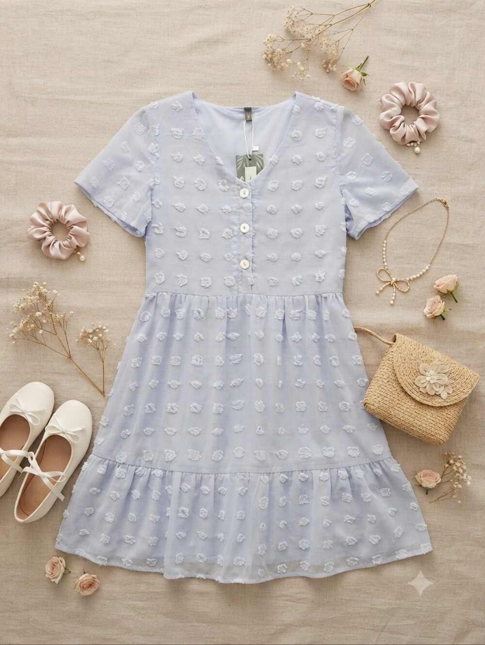 Alredine Powder Blue Swiss Dot Short Sleeve Babydoll Dress